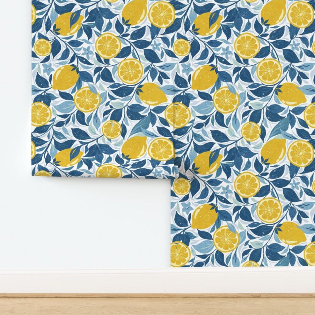 Citrus Mediterranean Summer Lemon Kitchen Fruit Distressed Faux Tile Texture Garden Trees Spring Italy Modern Farmhouse Classic Traditional Custom Pre-pasted Wallpaper by Spoonflower Pre-Pasted Wallpaper 2FT Wide